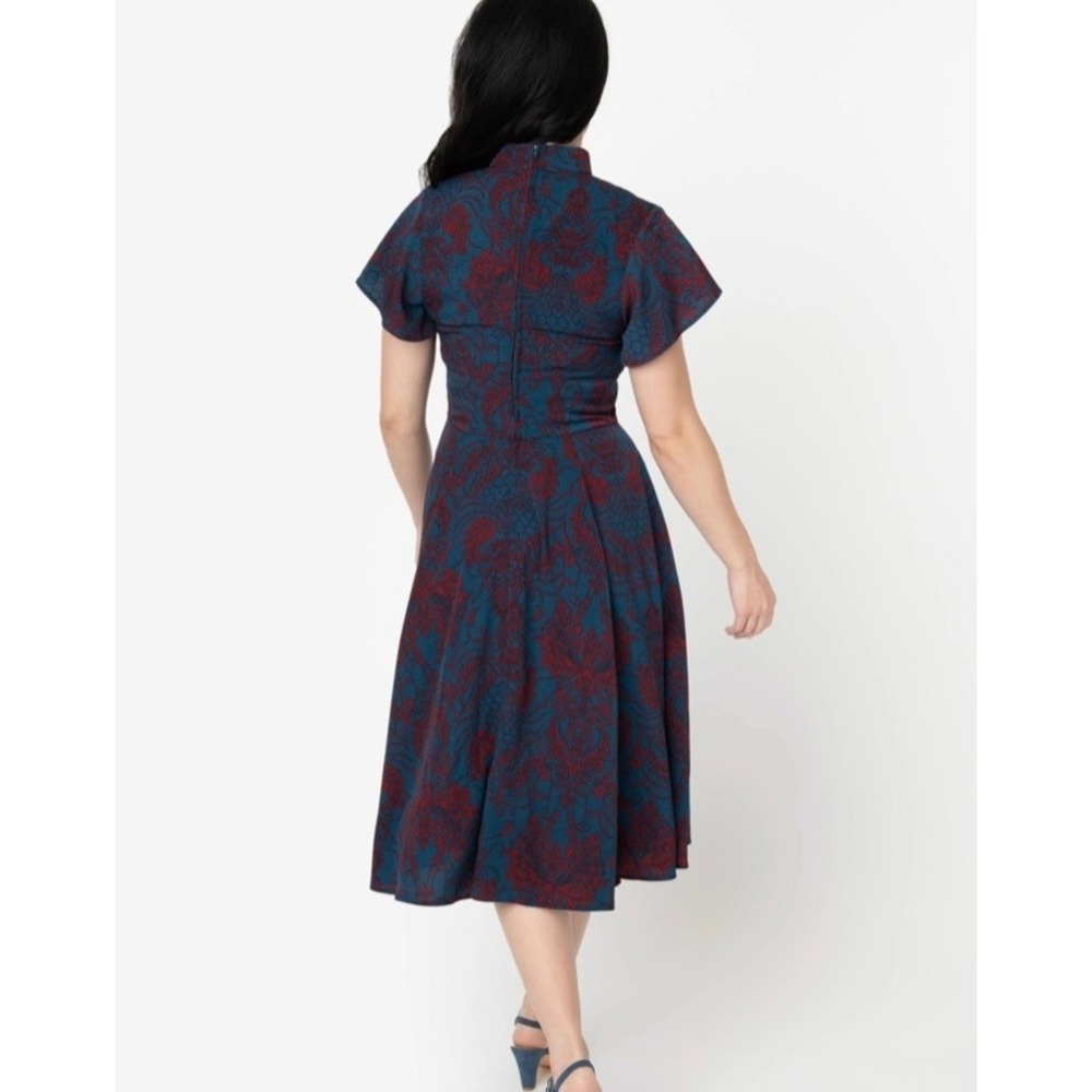 UNIQUE VINTAGE 1950s Damask Baltimore Swing Dress Blue Red Retro Pinup X-Large - Picture 9 of 13
